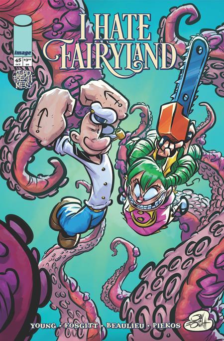Comic book cover of 'Hate Fairyland' with cartoon characters and chainsaw.