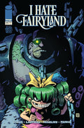 Comic book cover of 'I Hate Fairyland' with a character with green hair and a large eye.