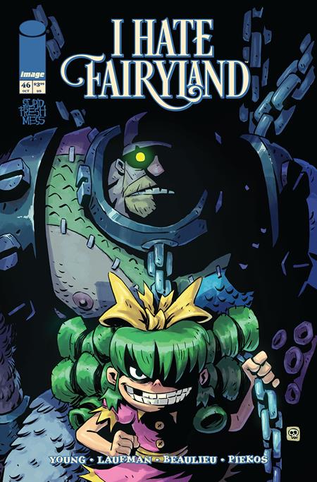 Comic book cover of 'I Hate Fairyland' with a character with green hair and a large eye.