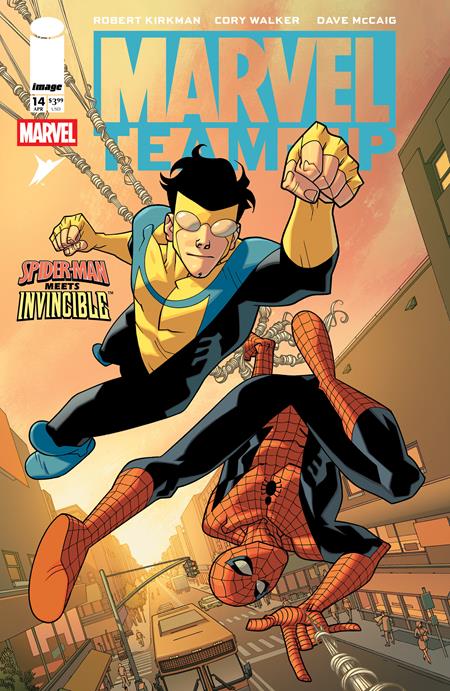 Invincible and Spiderman travelling through the sky.