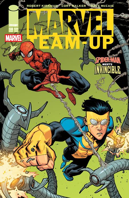 Invincible and Spiderman fighting metal tentacles.