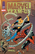 Spiderman and Invincible fighting Doc Oct's metal tentacles with civilians around.