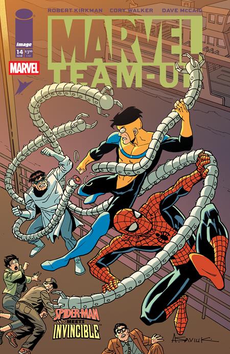 Spiderman and Invincible fighting Doc Oct's metal tentacles with civilians around.