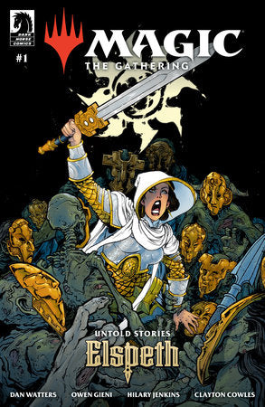 Comic book cover of 'Magic: The Gathering' featuring Elspeth with a sword against a dark background.