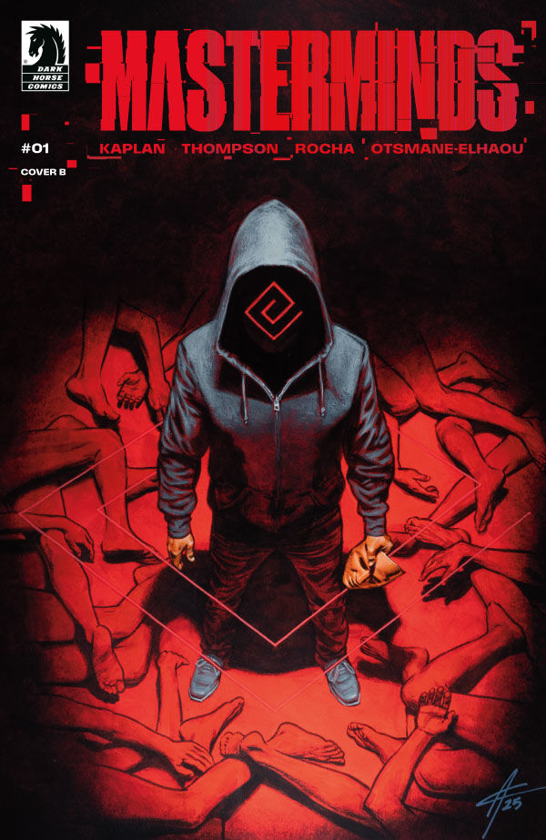 Comic book cover titled 'Masterminds' with a hooded figure and red background.