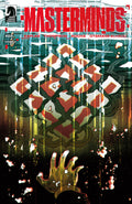 Comic book cover titled 'Masterminds' with geometric design and hand holding a question mark.