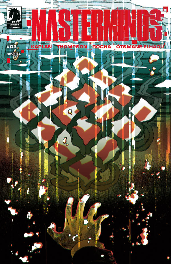 Comic book cover titled 'Masterminds' with geometric design and hand holding a question mark.