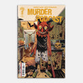 Comic book cover titled 'Murder Podcast' with a creature in a Halloween-themed room.