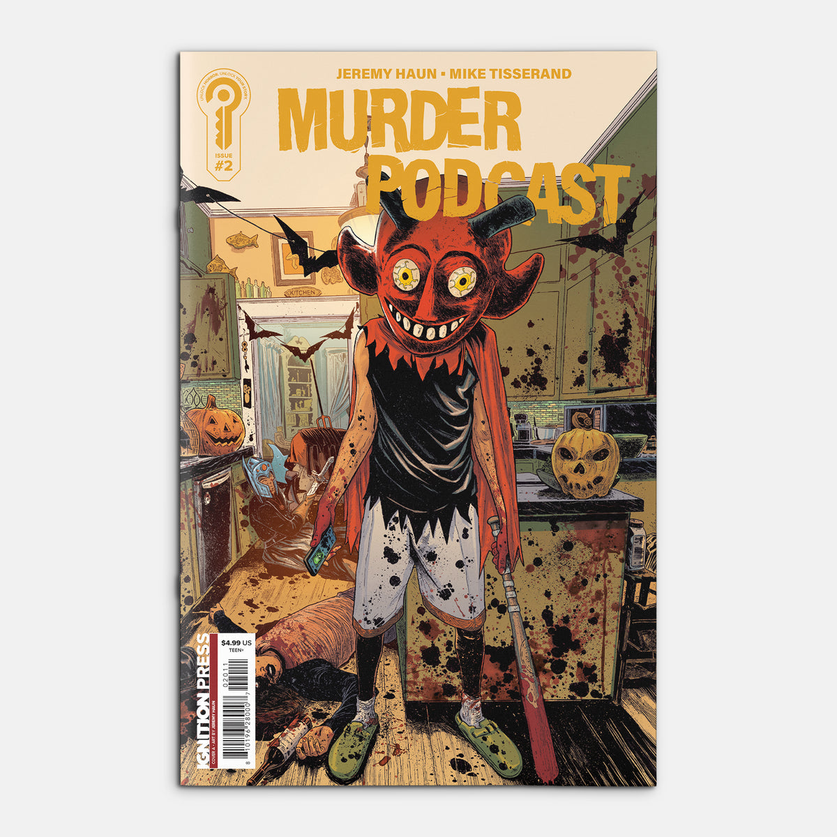 Comic book cover titled 'Murder Podcast' with a creature in a Halloween-themed room.