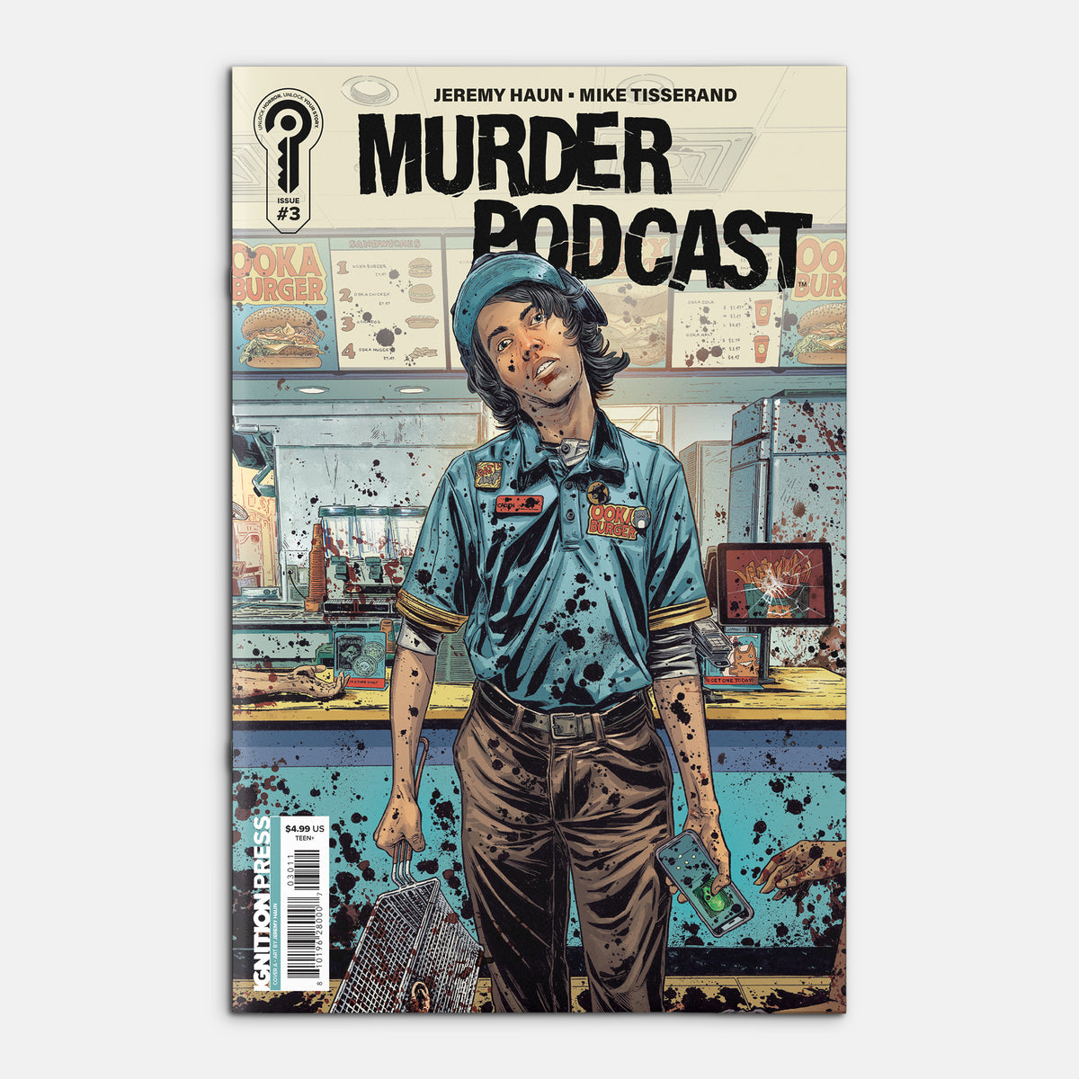 Comic book cover titled 'Murder Podcast' with a character in a diner setting.