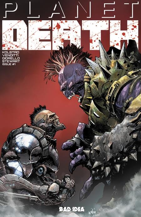 Comic book cover titled 'Planet Death' featuring two armored characters facing each other with a red background.