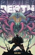 Comic book cover of 'Planet Death' with a creature and a person in armor.