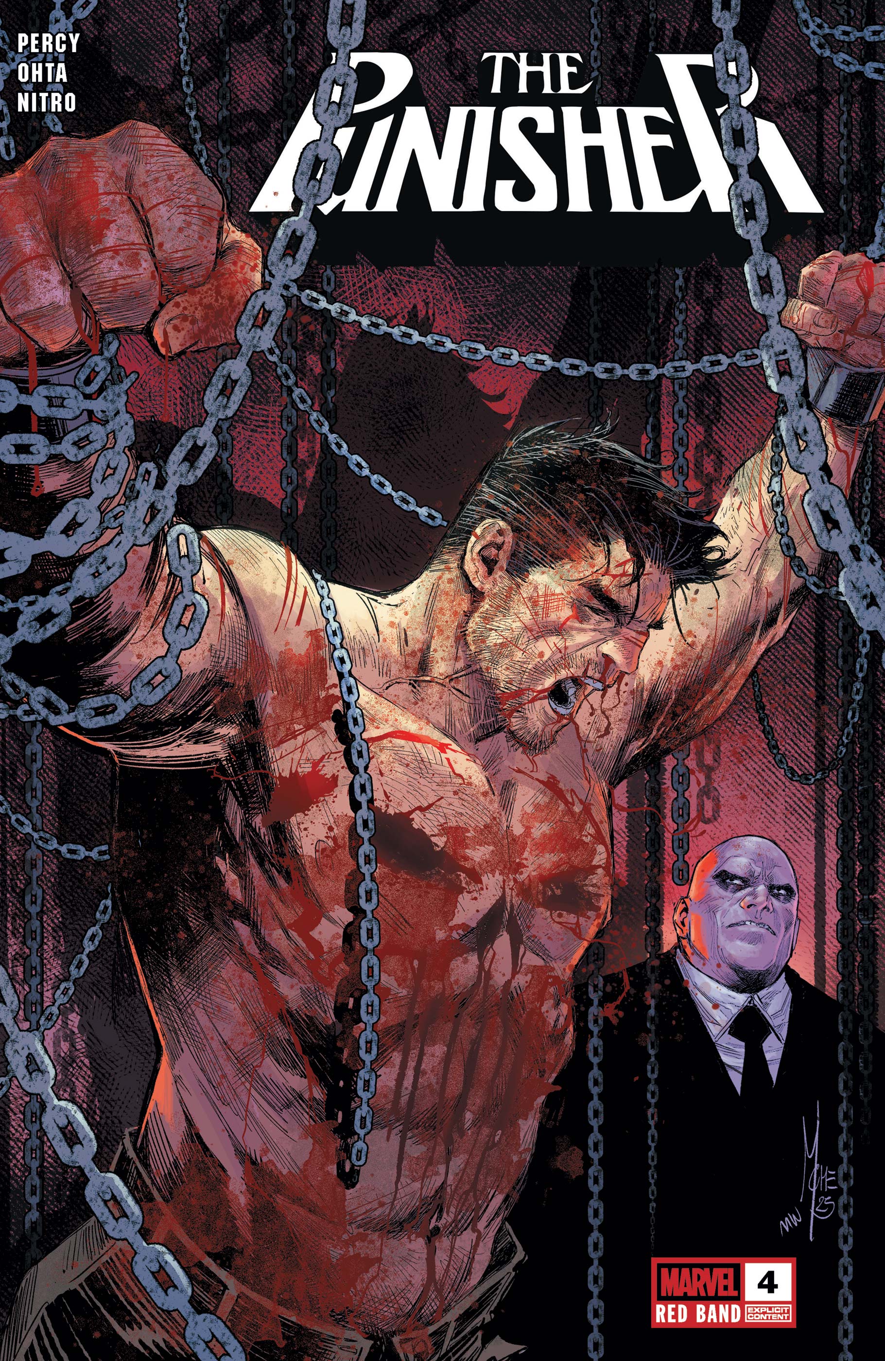 Comic book cover featuring 'The Punisher' with a muscular figure and chains, and a smaller image of a man in a suit in the corner.