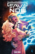 Comic book cover featuring a couple embracing with a futuristic device, set against a cosmic background.