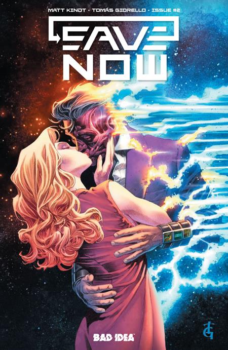 Comic book cover featuring a couple embracing with a futuristic device, set against a cosmic background.