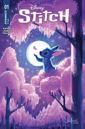 Disney Stitch comic book cover with a purple forest and moon in the background