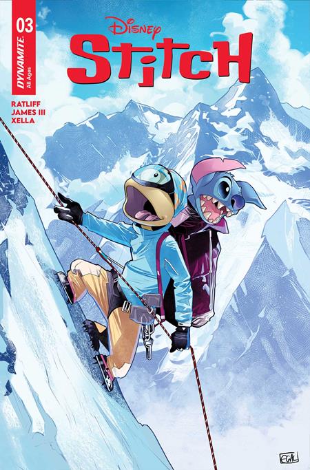 Comic book cover featuring two animated characters climbing a snowy mountain.