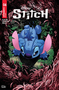 Comic book cover featuring a blue character with pink ears and a dark background