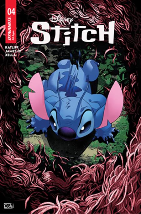 Comic book cover featuring a blue character with pink ears and a dark background