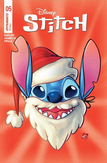 Comic book cover featuring a character resembling Stitch from Disney with a Santa hat on a red background.