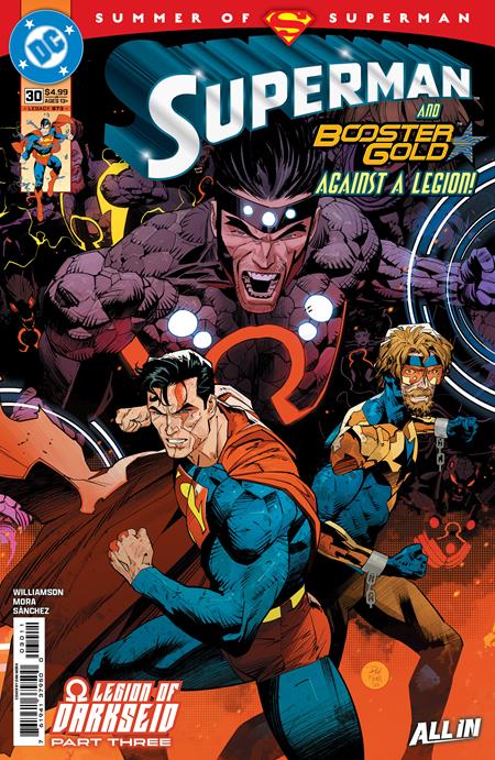 Comic book cover featuring Superman and Booster Gold against a Legion character, with DC logo at top.