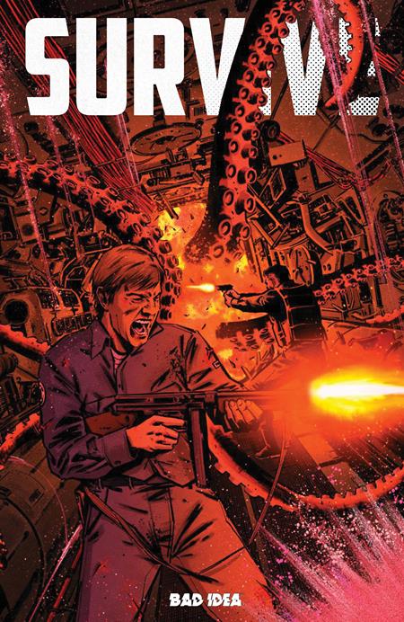 Comic book cover titled 'Survive' with a person holding a gun amidst mechanical gears and flames.
