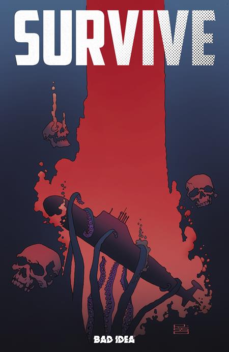 Poster with 'SURVIVE' text and silhouette of a person holding a gun against a red and blue background.