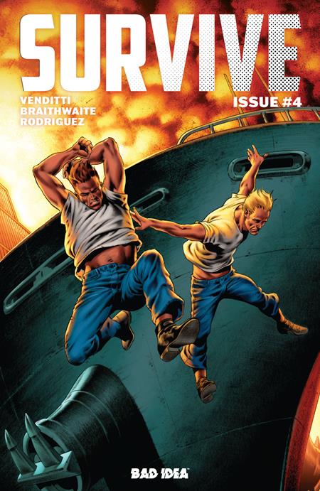 Comic book cover titled 'Survive' with two characters on a boat against a fiery background.