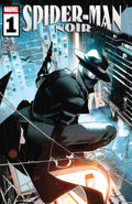 Comic book cover of Spider-Man Noir with a character in a suit and hat against a cityscape background.
