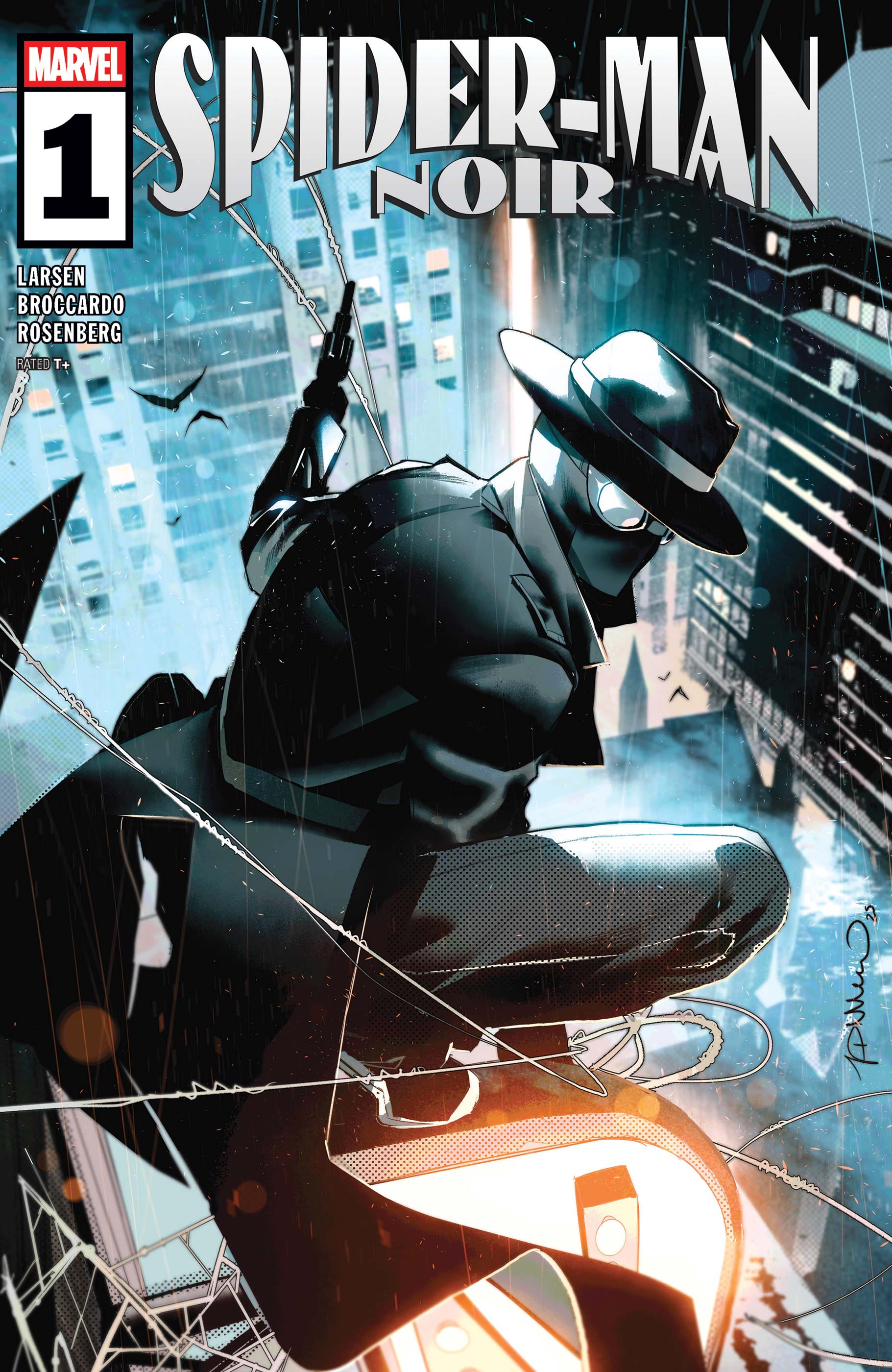 Comic book cover of Spider-Man Noir with a character in a suit and hat against a cityscape background.