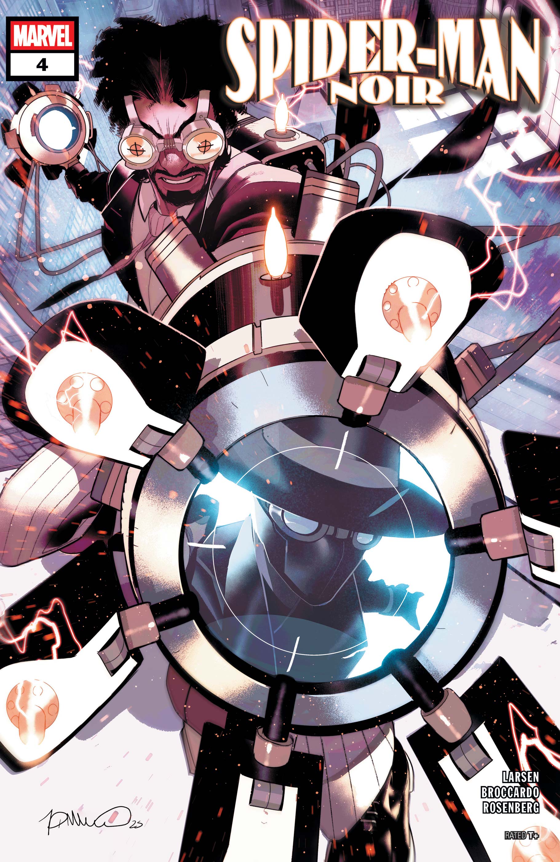 Comic book cover featuring Spider-Man Noir with a metallic design and glowing elements.