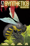 Comic book cover titled 'Synthetics Volume One' with a large insect illustration on a dark background.