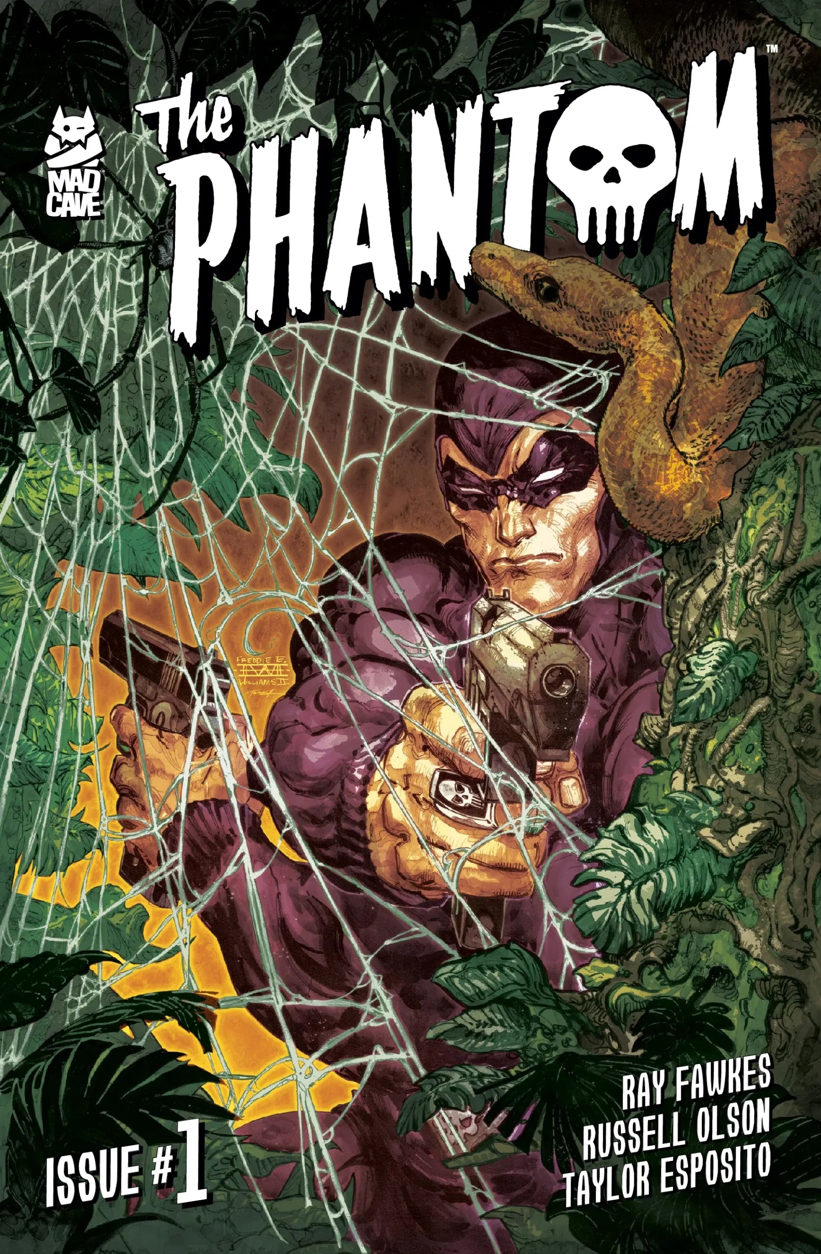 The Phantom in the jungle behind a tree posed ready to shoot.