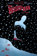Comic book cover of 'The Invisible Man' with a silhouette and bloodstains on a snowy background.