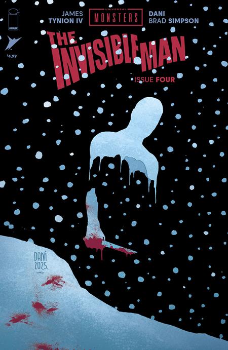 Comic book cover of 'The Invisible Man' with a silhouette and bloodstains on a snowy background.